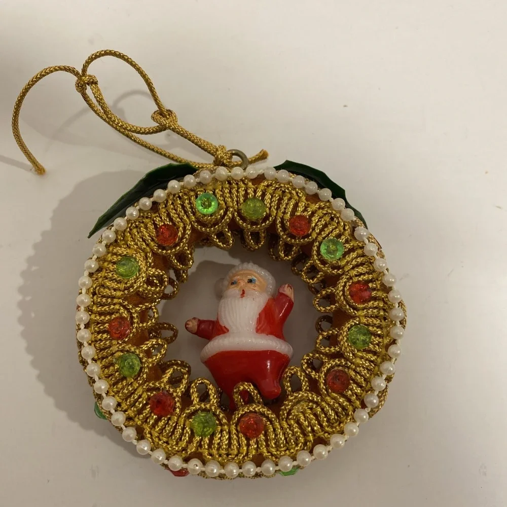1973 Vintage Christmas Ornament Sequin Beaded Santa Wreath Kitschy Gold Chording
